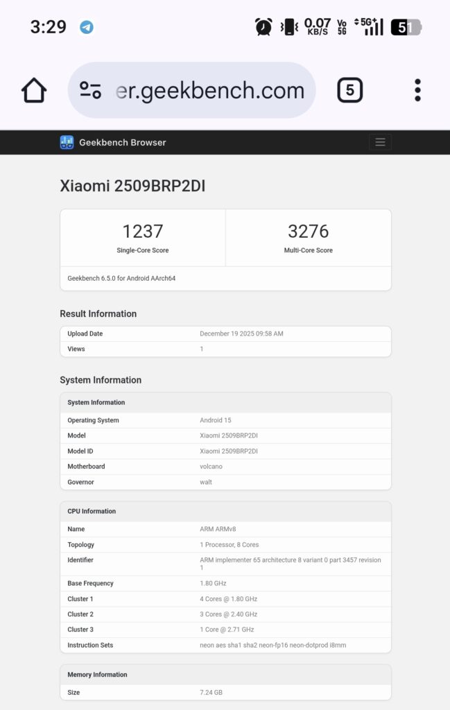 Redmi Pad 2 Pro 5G Geekbench Details