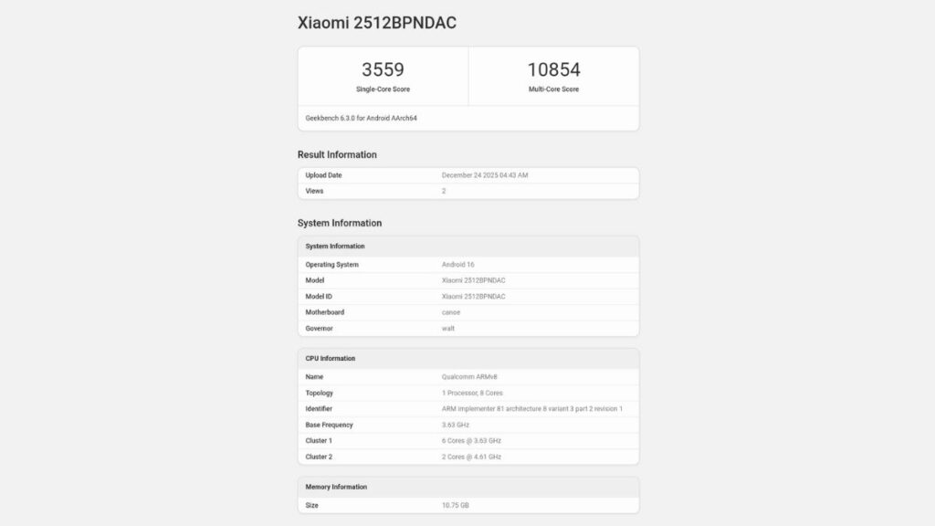 Xiaomi 17 Ultra Geekbench