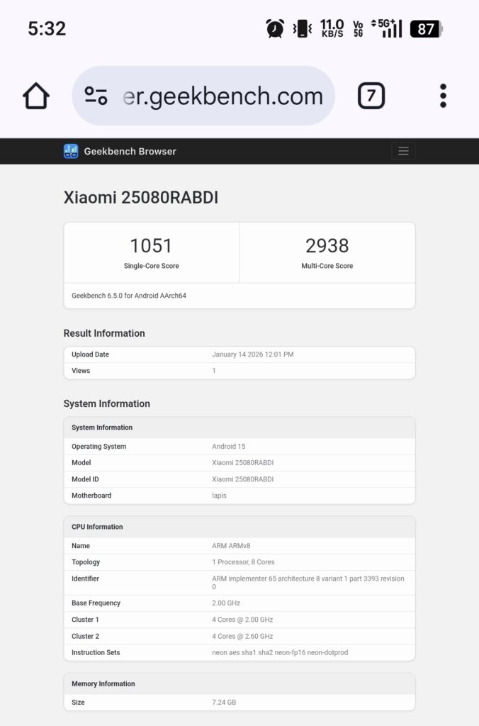 Redmi Note 15 Pro Geekbench Listing