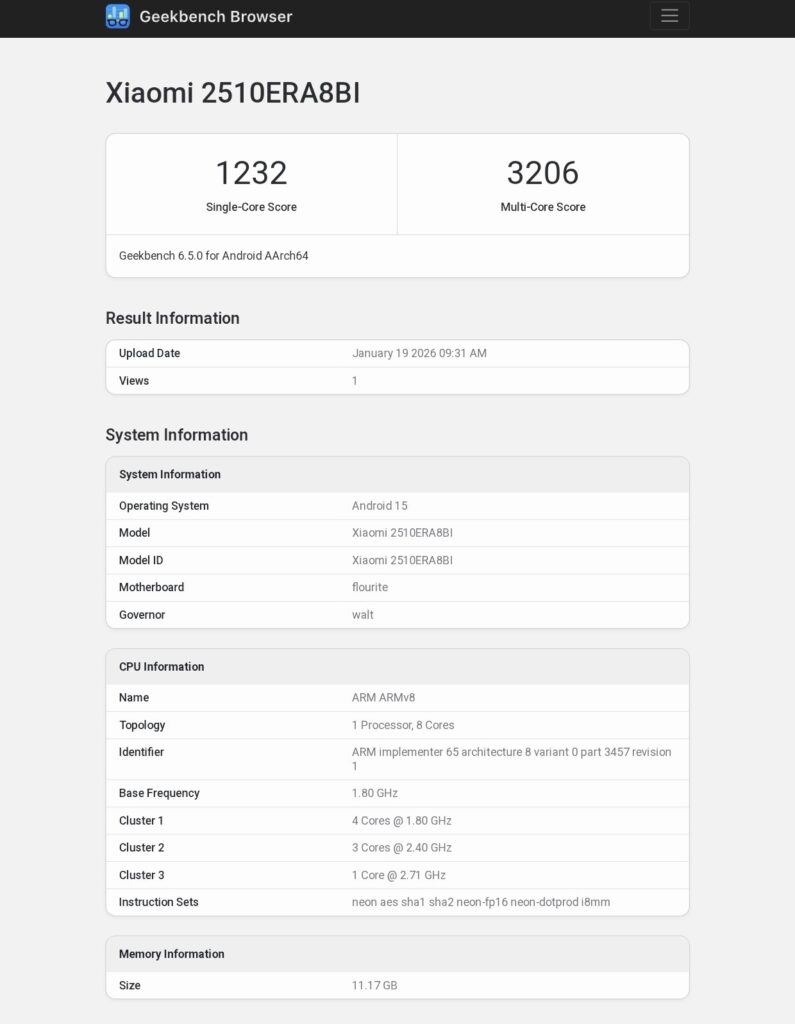 Redmi Note 15 Pro+ Geekbench Scores