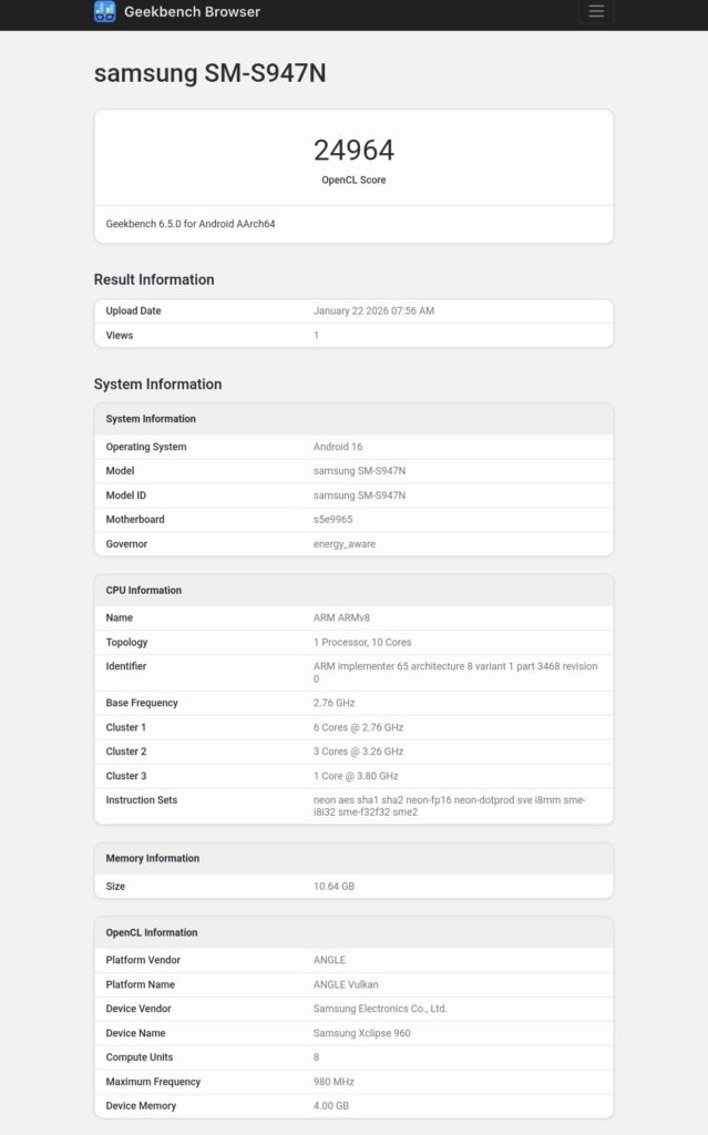 Samsung Galaxy S26 Plus Geekbench