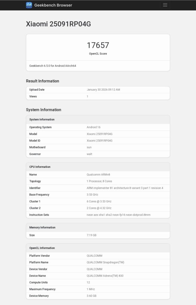 Xiaomi Pad 8 Pro Geekbench Listing