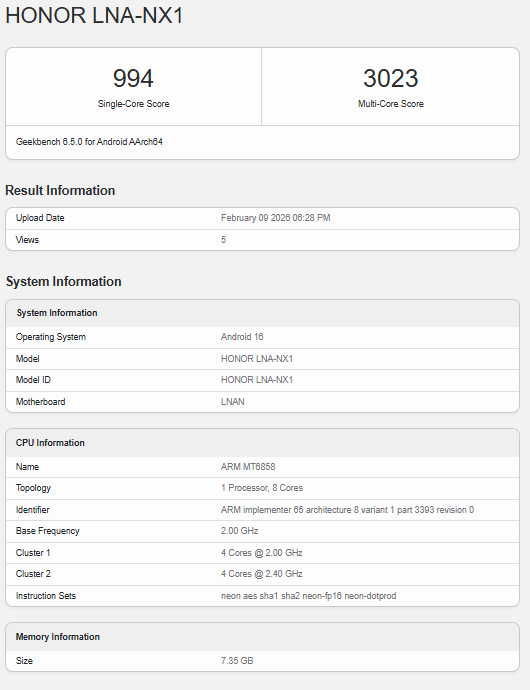 Honor 600 Lite Geekbench Listing
