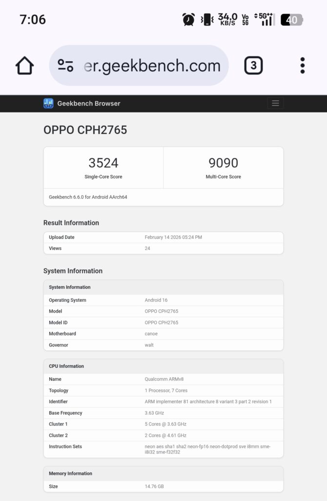 OPPO Find N6 Geekbench